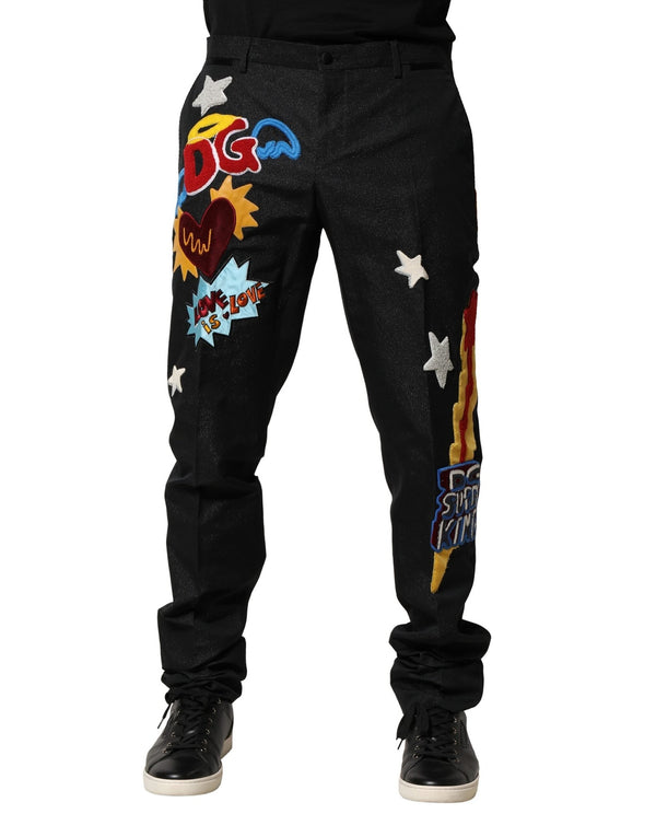 Black Graphic Embroidery Men Pants Dolce & Gabbana