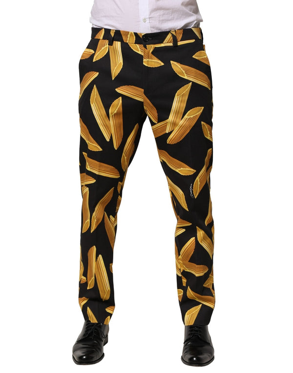 Black Pasta Print Tapered Men Pants Dolce & Gabbana