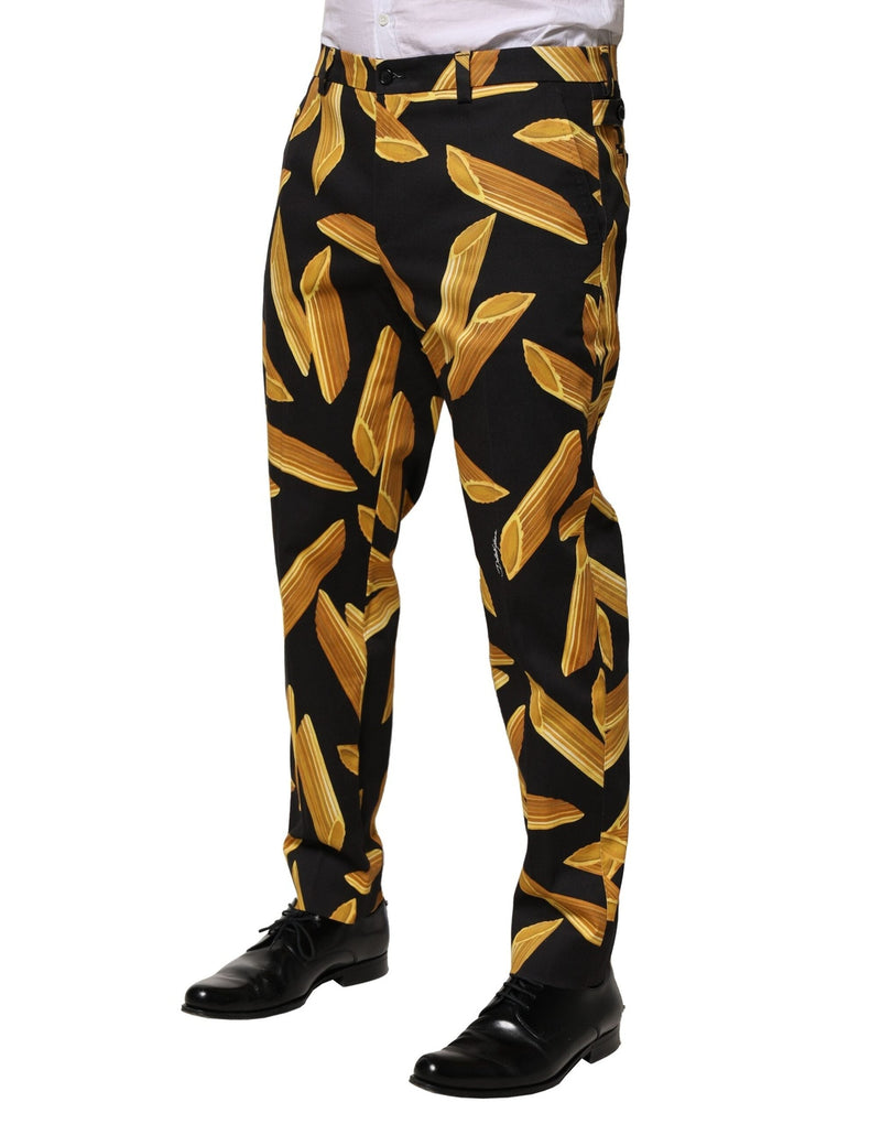 Black Pasta Print Tapered Men Pants Dolce & Gabbana
