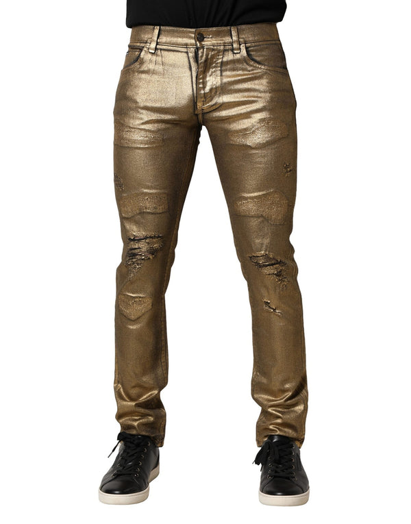 Gold Tattered Cotton Stretch Slim Denim Jeans Dolce & Gabbana