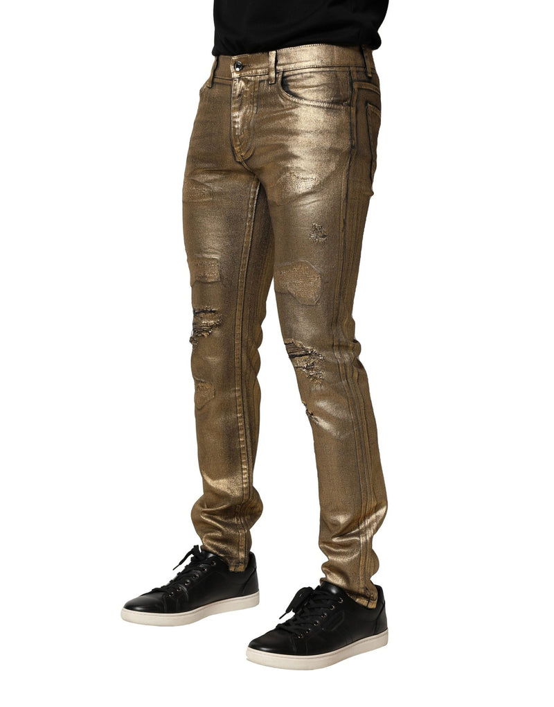 Gold Tattered Cotton Stretch Slim Denim Jeans Dolce & Gabbana