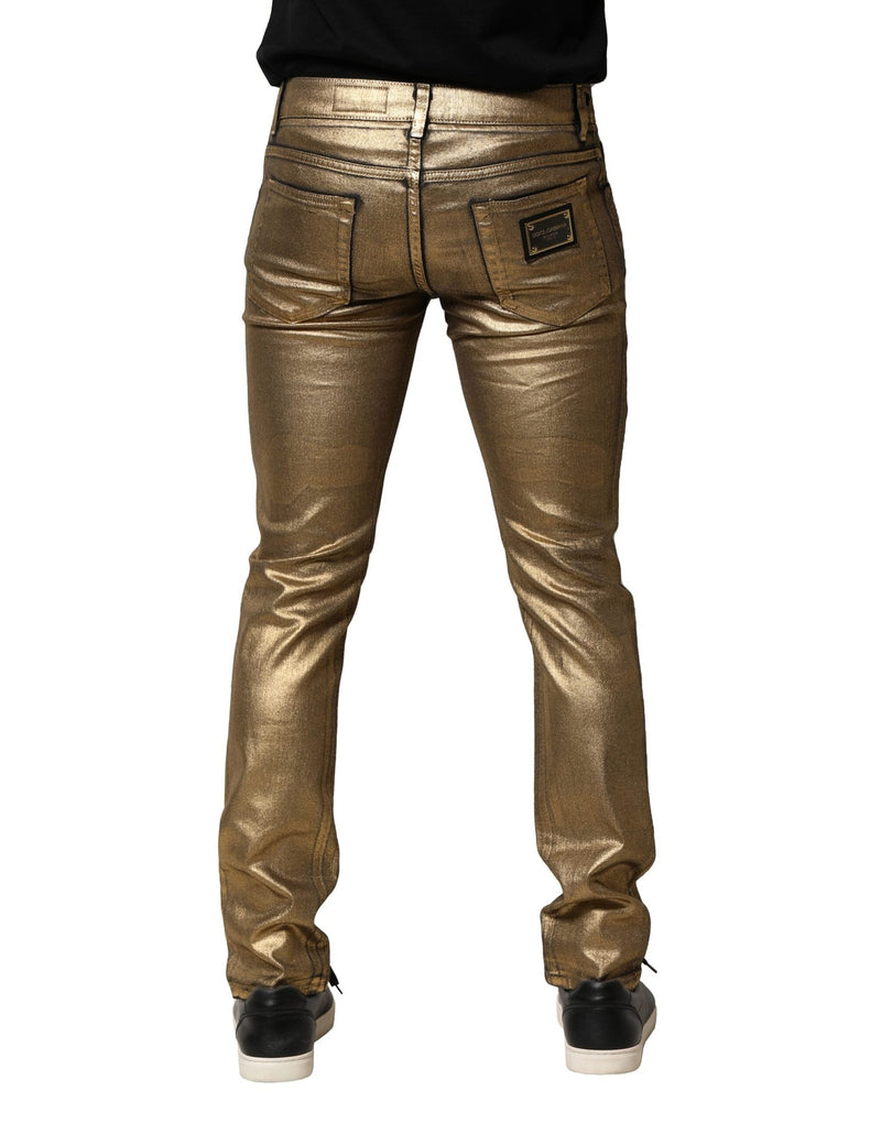 Gold Tattered Cotton Stretch Slim Denim Jeans Dolce & Gabbana