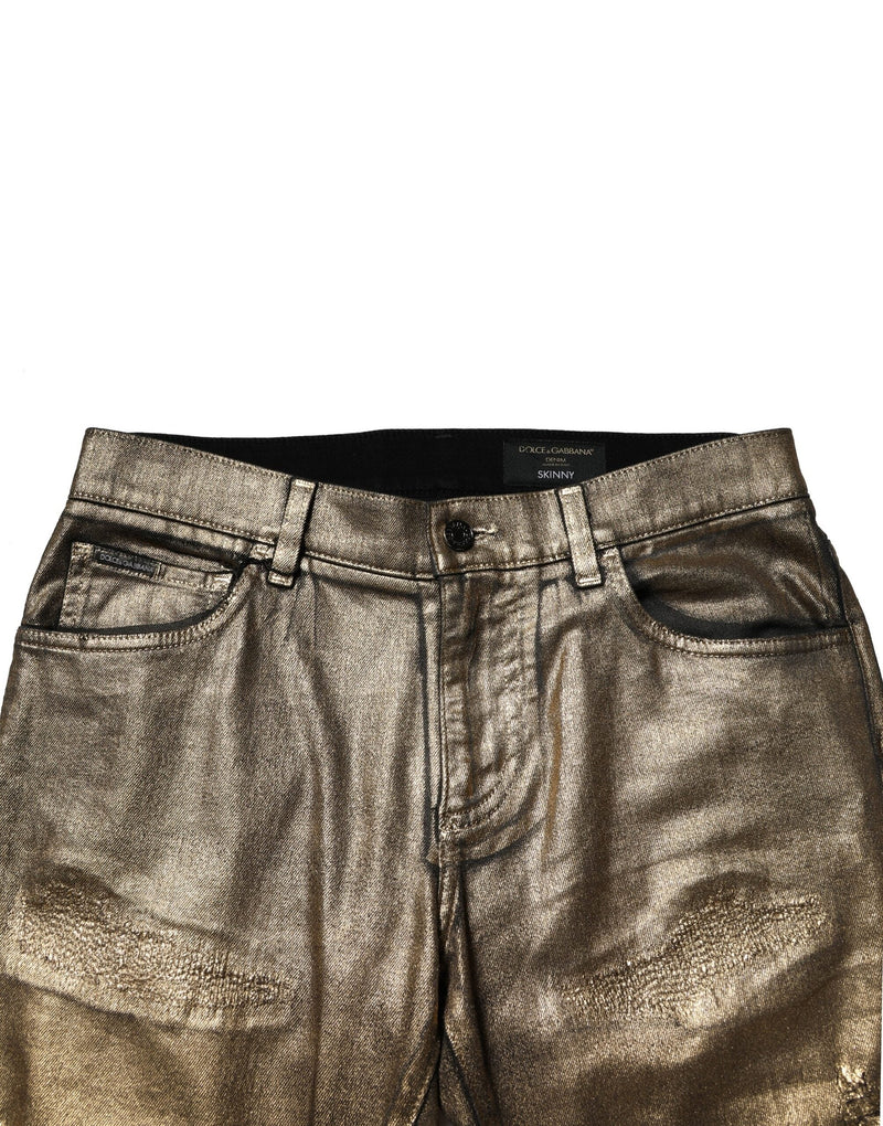 Gold Tattered Cotton Stretch Slim Denim Jeans Dolce & Gabbana