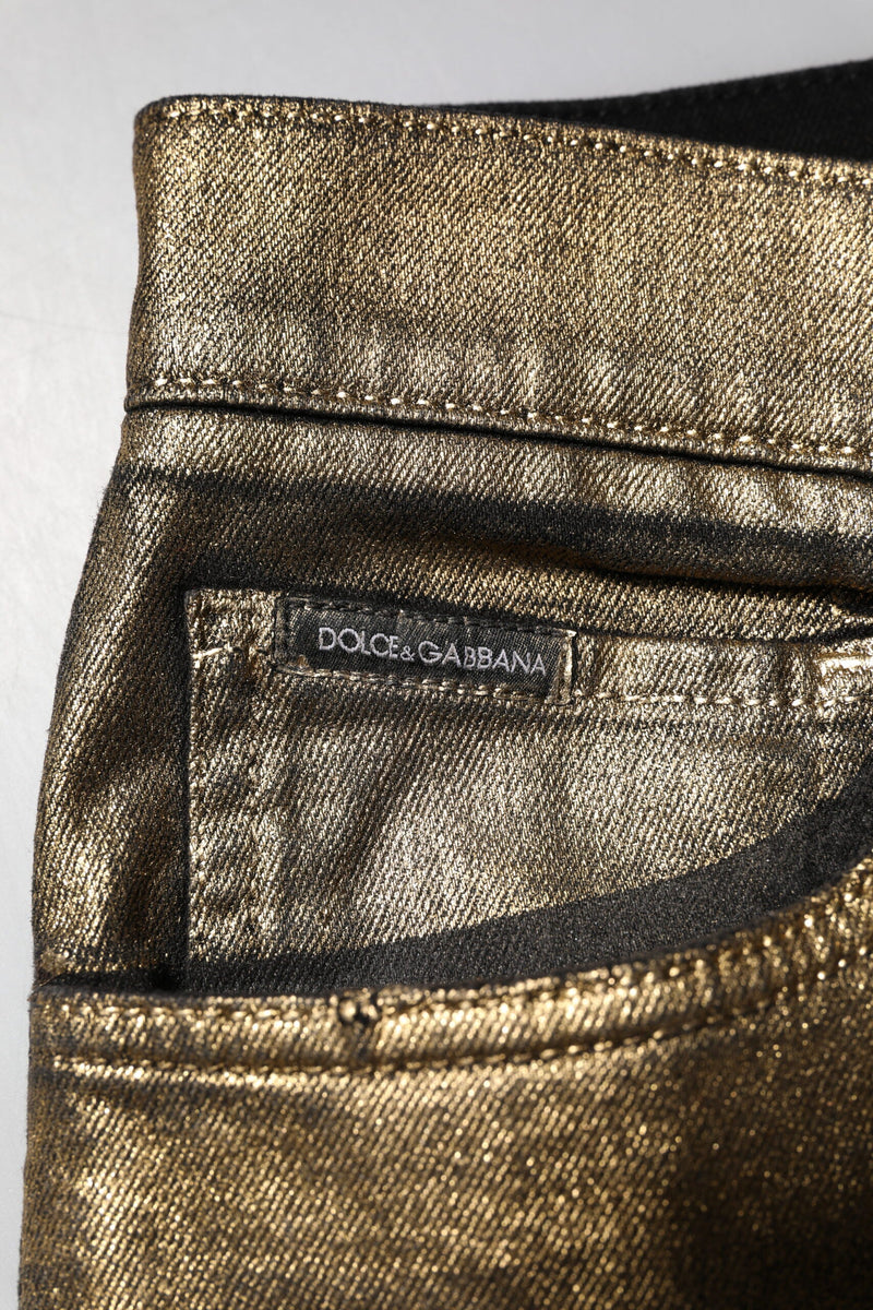 Gold Tattered Cotton Stretch Slim Denim Jeans Dolce & Gabbana