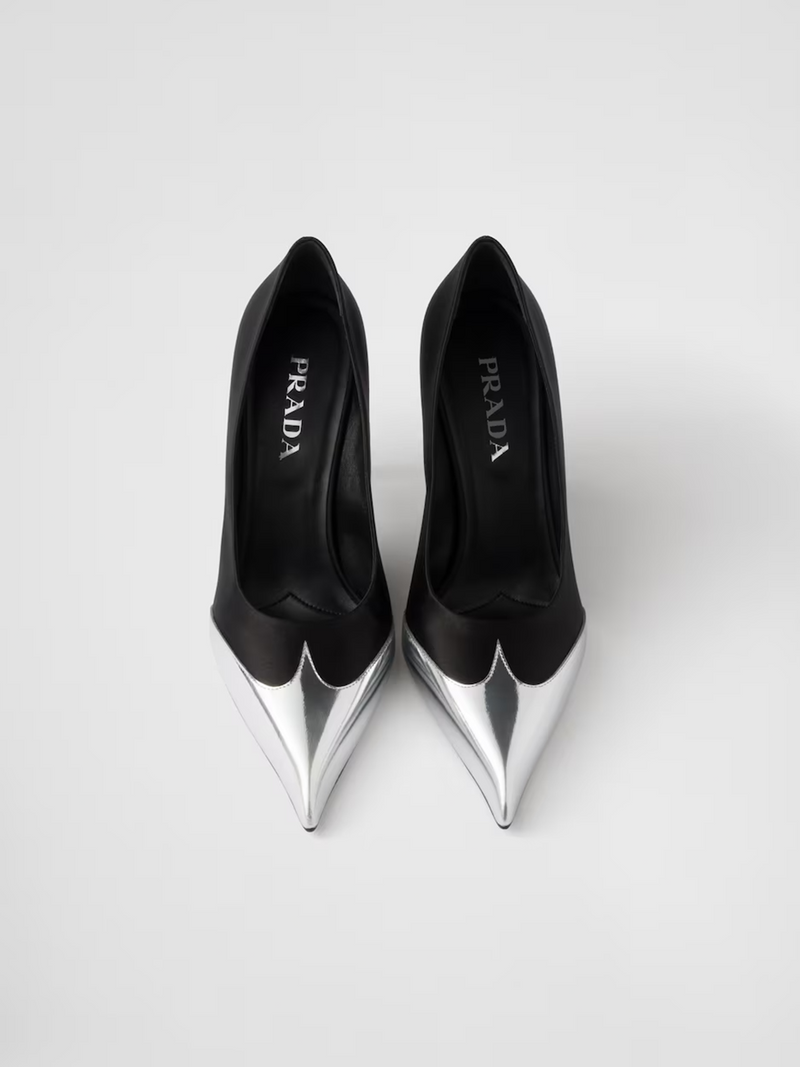 Black Satin And Metallic Silver Leather Pumps Prada