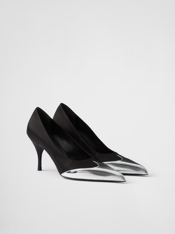 Black Satin And Metallic Silver Leather Pumps Prada