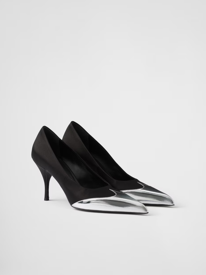 Black Satin And Metallic Silver Leather Pumps Prada