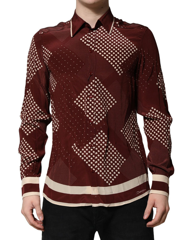 Maroon Dotted Silk Long Sleeve Casual Shirt Dolce & Gabbana