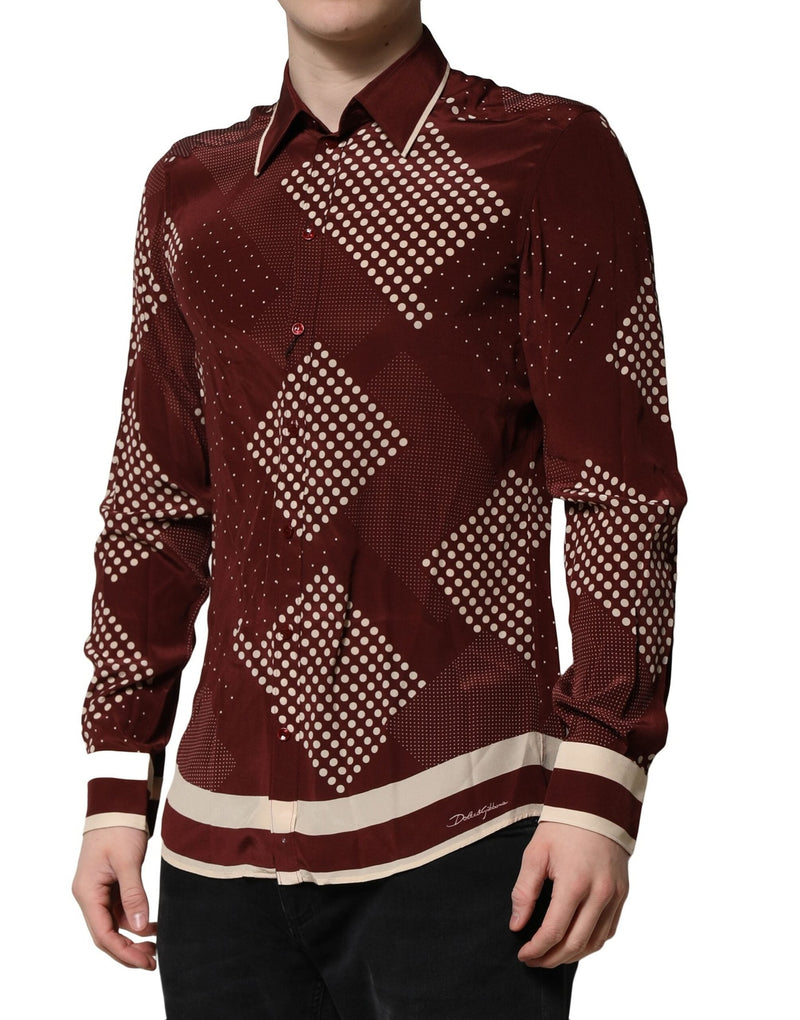 Maroon Dotted Silk Long Sleeve Casual Shirt Dolce & Gabbana