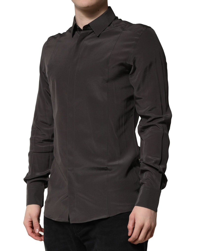 Dark Brown Silk GOLD Men Dress Formal Shirt Dolce & Gabbana