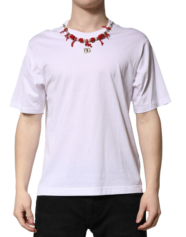 White Embellished Cotton Crew Neck T-shirt Dolce & Gabbana