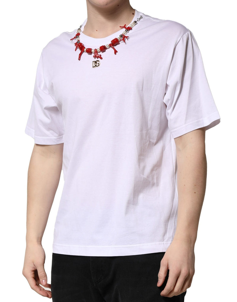 White Embellished Cotton Crew Neck T-shirt Dolce & Gabbana