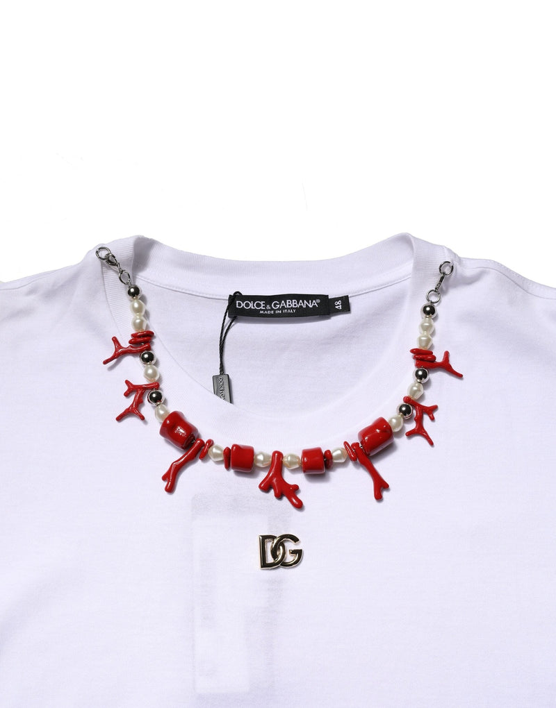 White Embellished Cotton Crew Neck T-shirt Dolce & Gabbana