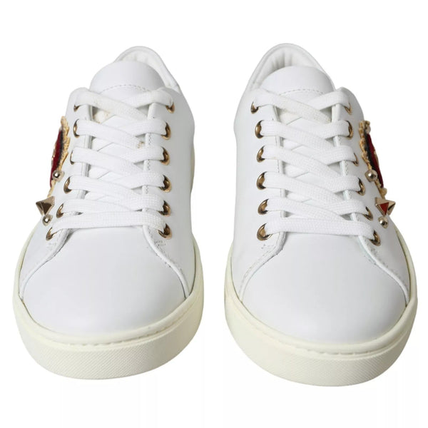 White Leather Gold Red Heart Sneakers Shoes Dolce & Gabbana