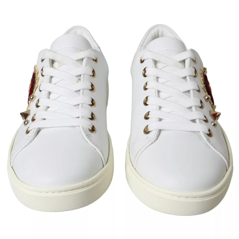 White Leather Gold Red Heart Sneakers Shoes Dolce & Gabbana