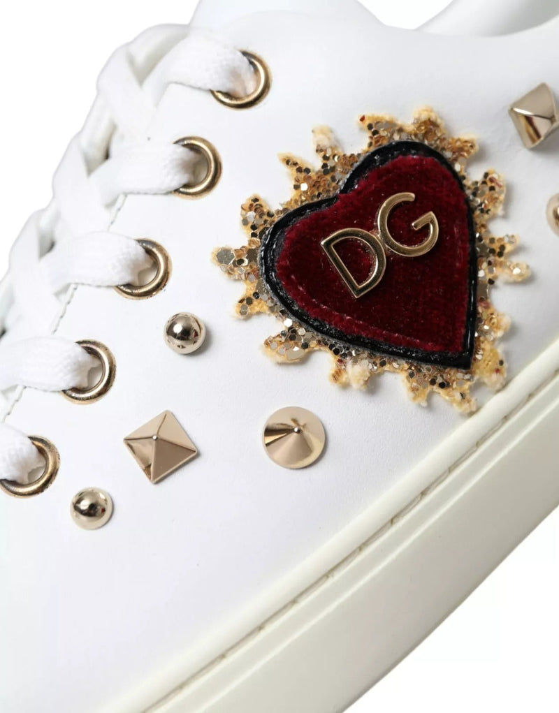 White Leather Gold Red Heart Sneakers Shoes Dolce & Gabbana