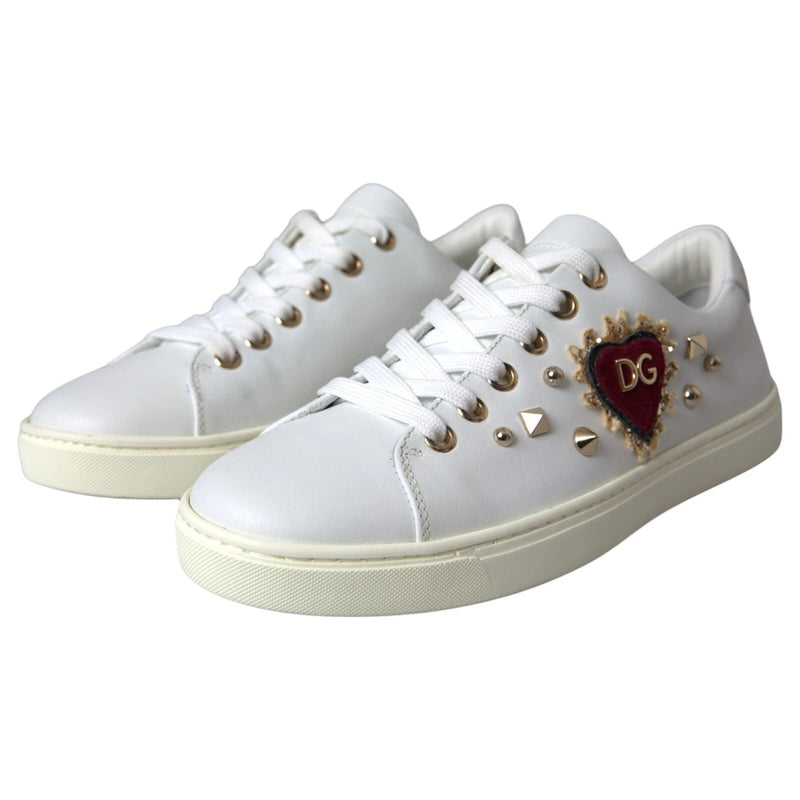 White Leather Gold Red Heart Sneakers Shoes Dolce & Gabbana