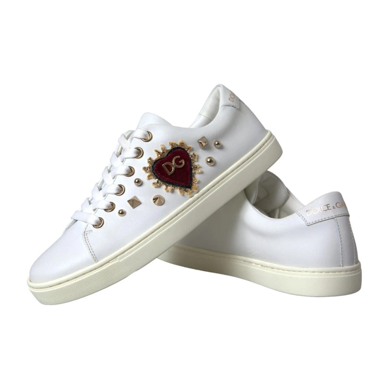 White Leather Gold Red Heart Sneakers Shoes Dolce & Gabbana