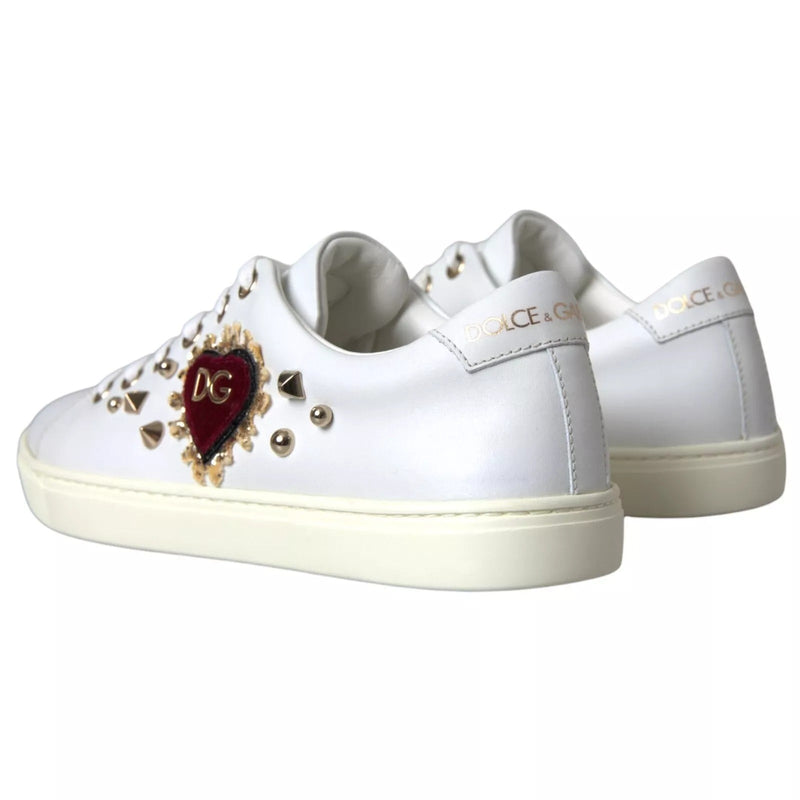White Leather Gold Red Heart Sneakers Shoes Dolce & Gabbana