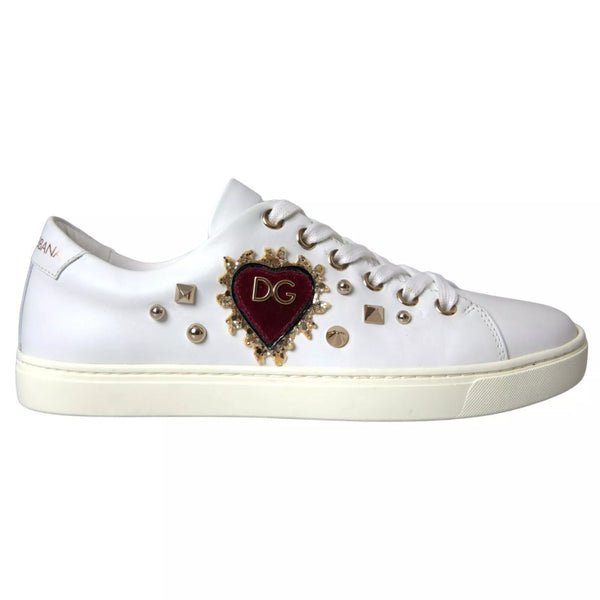 White Leather Gold Red Heart Sneakers Shoes Dolce & Gabbana