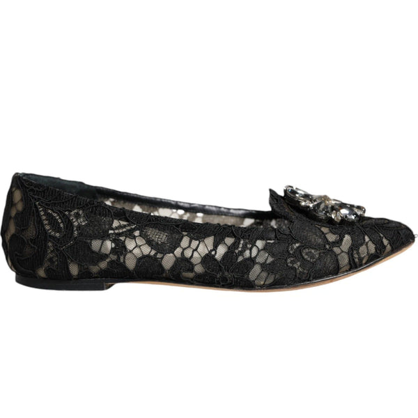 Black Lace Crystal Ballet Flats Loafer Shoes Dolce & Gabbana