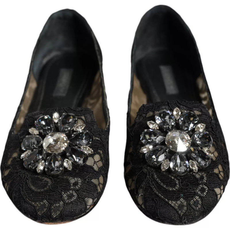Black Lace Crystal Ballet Flats Loafer Shoes Dolce & Gabbana