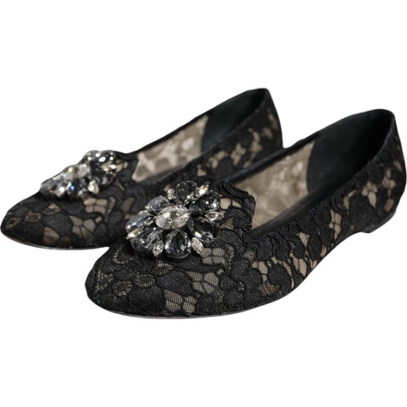 Black Lace Crystal Ballet Flats Loafer Shoes Dolce & Gabbana