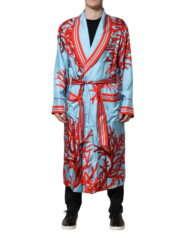 Blue Red Coral Print Wrap Robe Coat Jacket Dolce & Gabbana