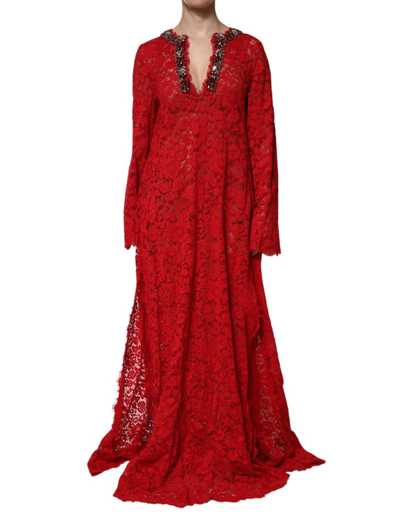 Red Floral Lace Rhinestone Embellished Dress Dolce & Gabbana