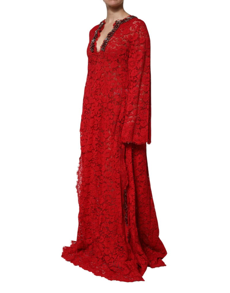 Red Floral Lace Rhinestone Embellished Dress Dolce & Gabbana