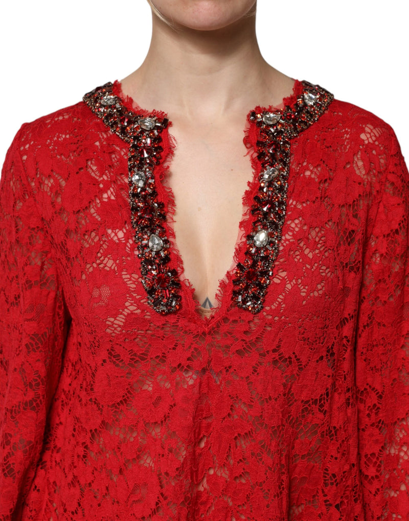 Red Floral Lace Rhinestone Embellished Dress Dolce & Gabbana