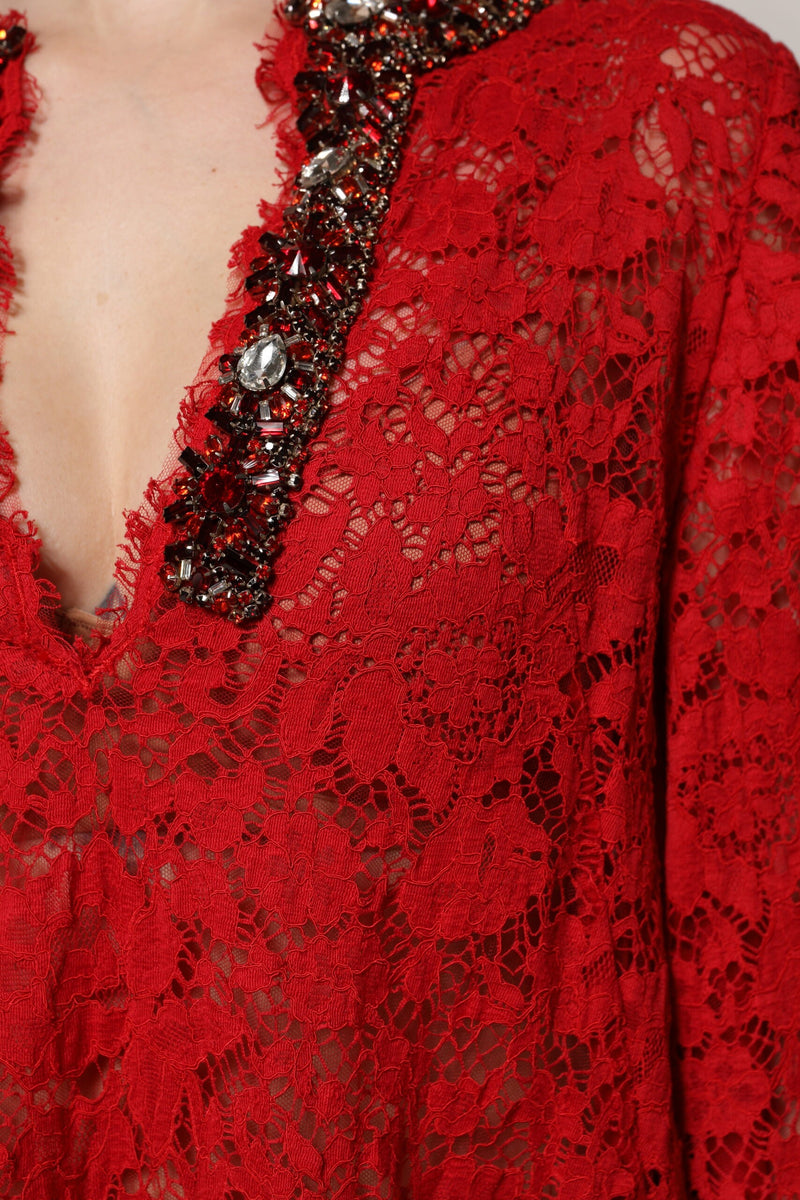 Red Floral Lace Rhinestone Embellished Dress Dolce & Gabbana