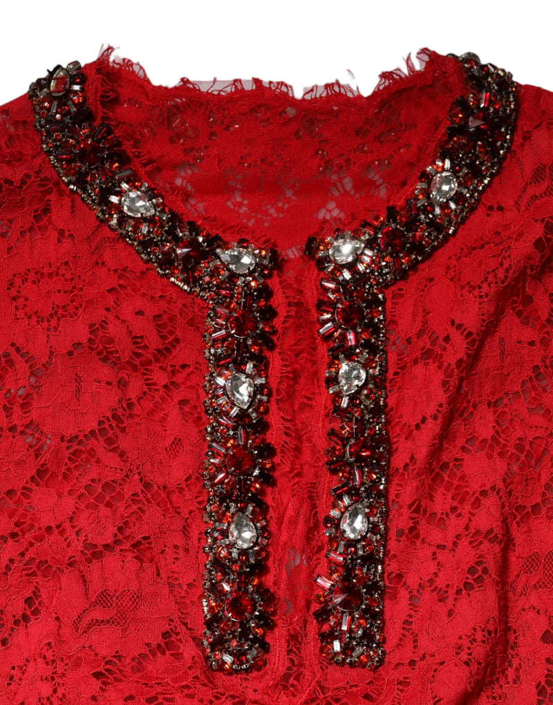 Red Floral Lace Rhinestone Embellished Dress Dolce & Gabbana