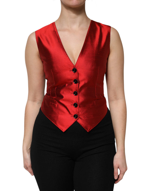 Red Black Button Down Sleeveless Vest Top Dolce & Gabbana
