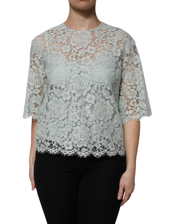 Mint Green Floral Lace Cotton Blouse Top Dolce & Gabbana