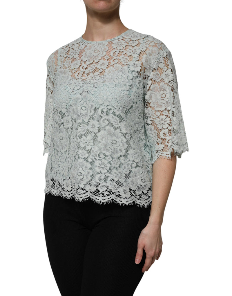 Mint Green Floral Lace Cotton Blouse Top Dolce & Gabbana