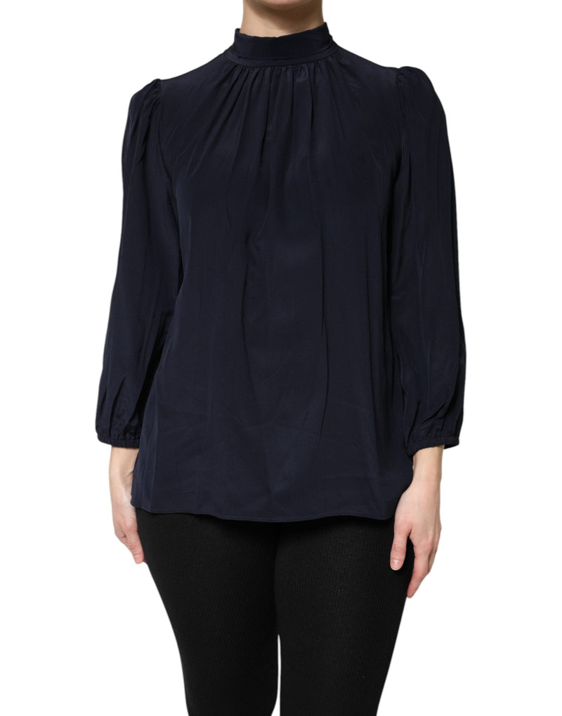 Blue Silk Mock Neck Long Sleeves Blouse Top Dolce & Gabbana
