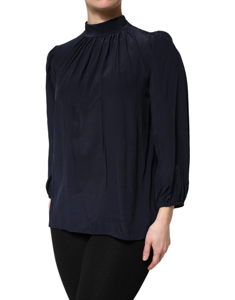 Blue Silk Mock Neck Long Sleeves Blouse Top Dolce & Gabbana