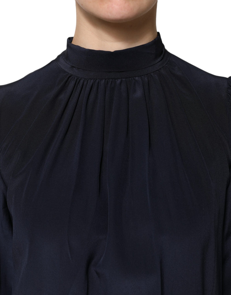 Blue Silk Mock Neck Long Sleeves Blouse Top Dolce & Gabbana