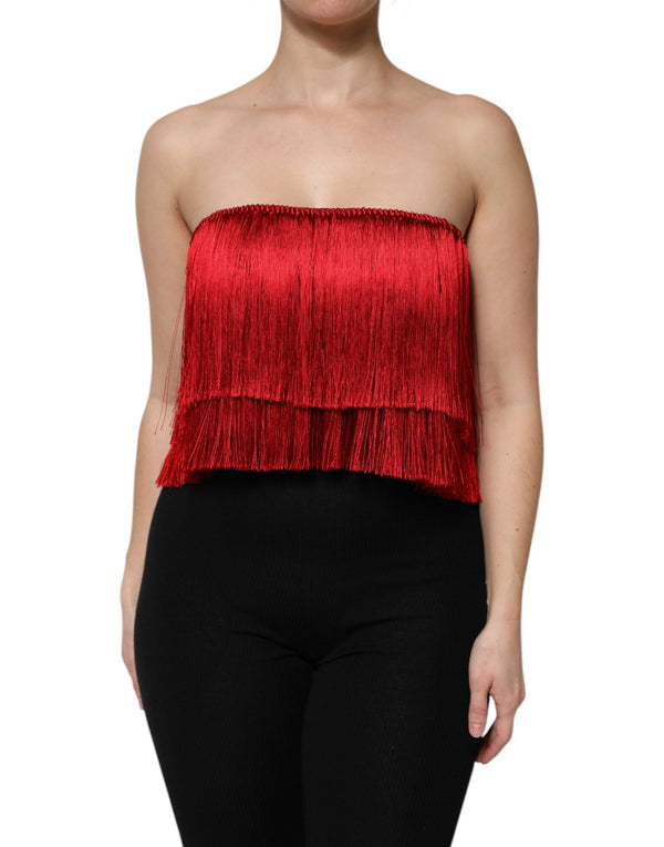 Red Silk Strapless Fringe Crop Tube Top Dolce & Gabbana