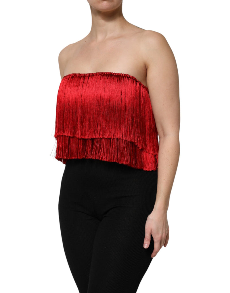 Red Silk Strapless Fringe Crop Tube Top Dolce & Gabbana