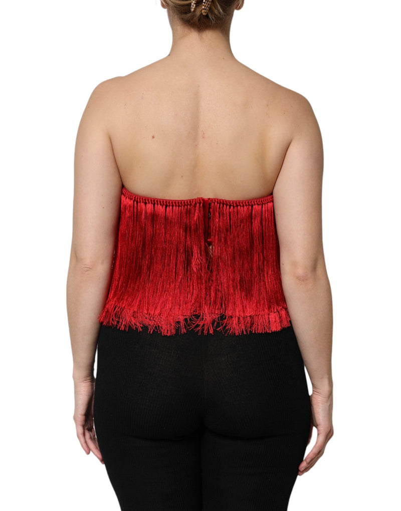 Red Silk Strapless Fringe Crop Tube Top Dolce & Gabbana