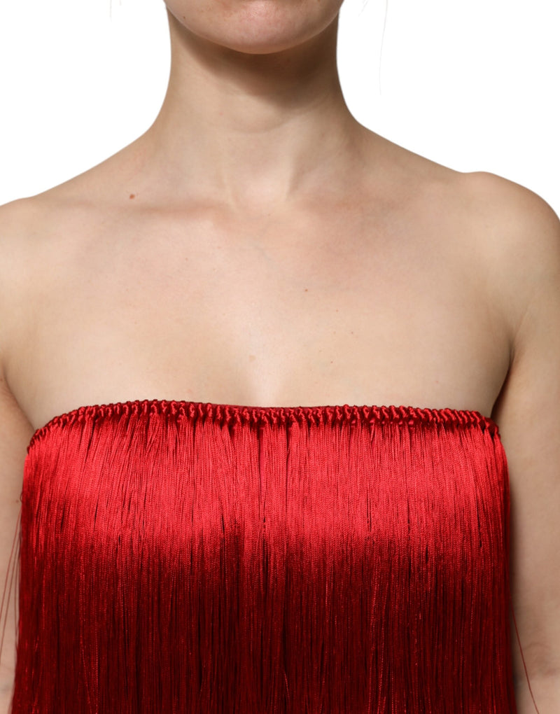 Red Silk Strapless Fringe Crop Tube Top Dolce & Gabbana