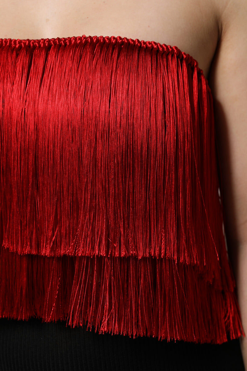 Red Silk Strapless Fringe Crop Tube Top Dolce & Gabbana