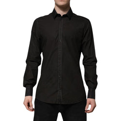 Black Cotton Jacquard GOLD Collar Dress Shirt Dolce & Gabbana