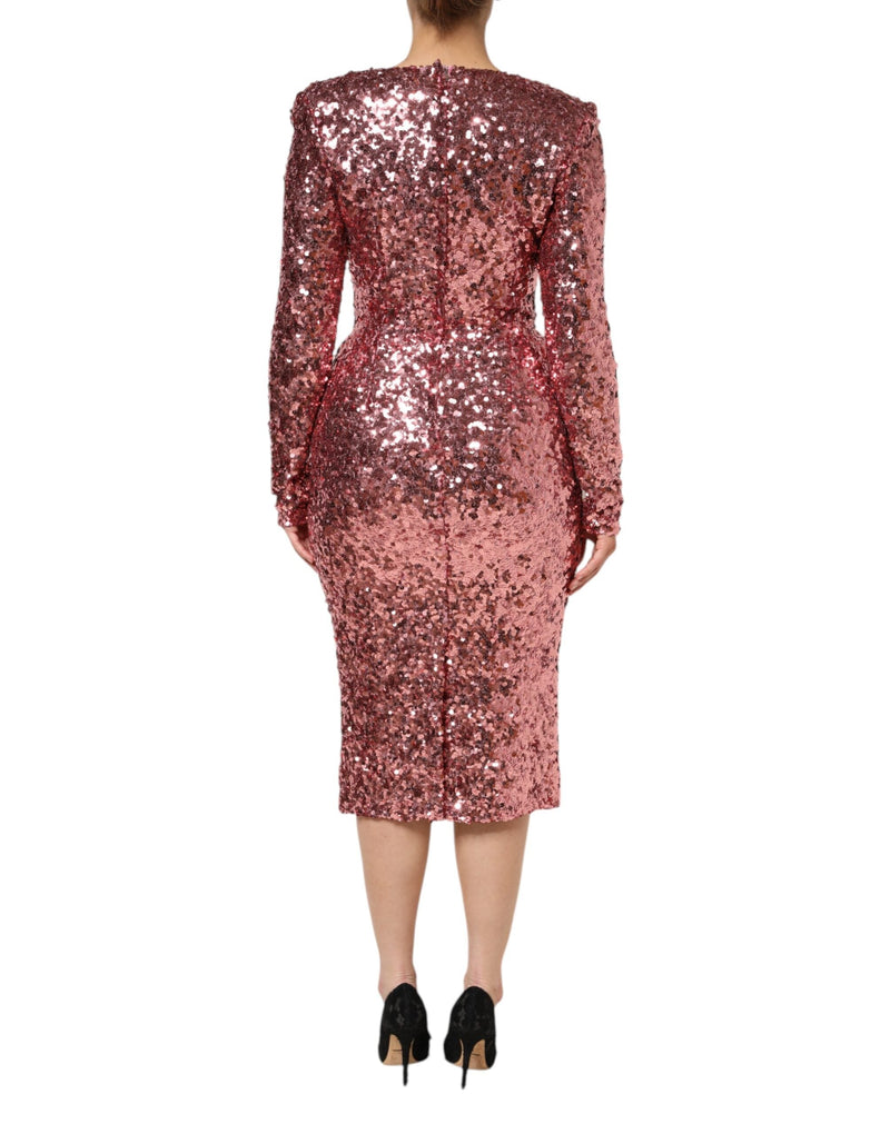 Pink Sequin Statement Nylon Midi V-Neck Dress Dolce & Gabbana