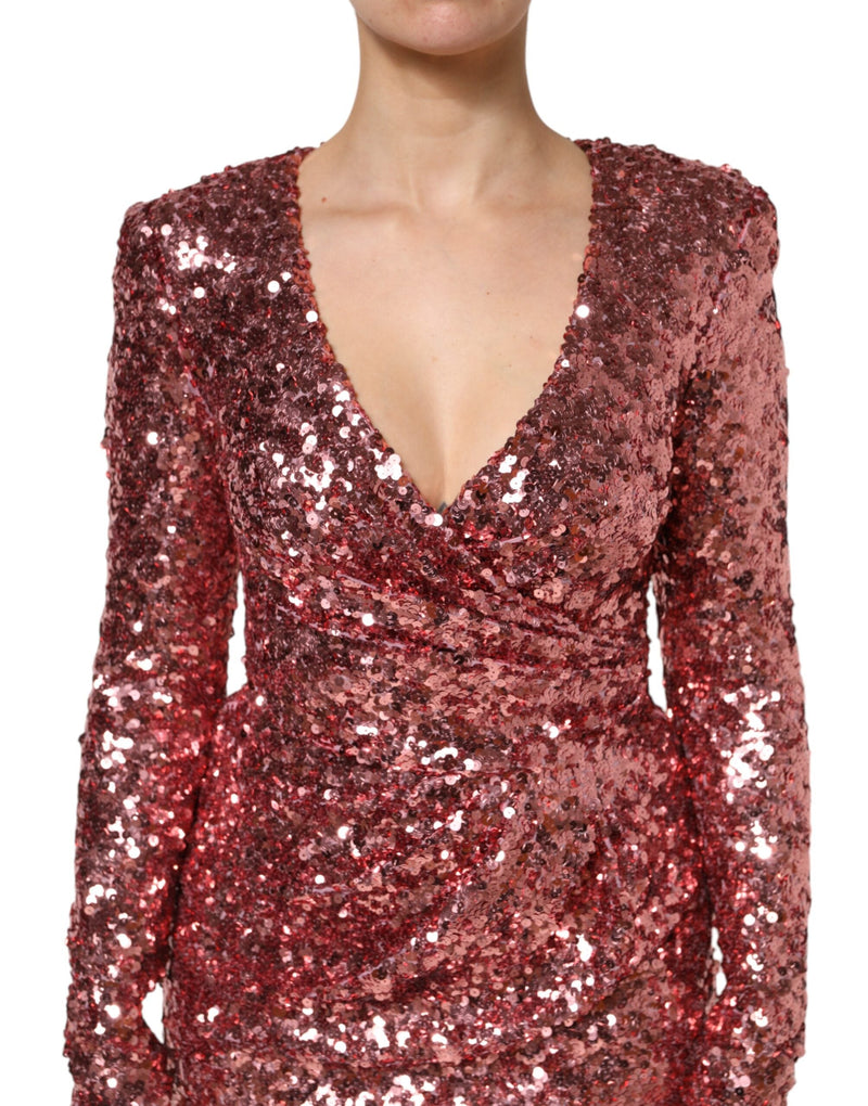 Pink Sequin Statement Nylon Midi V-Neck Dress Dolce & Gabbana