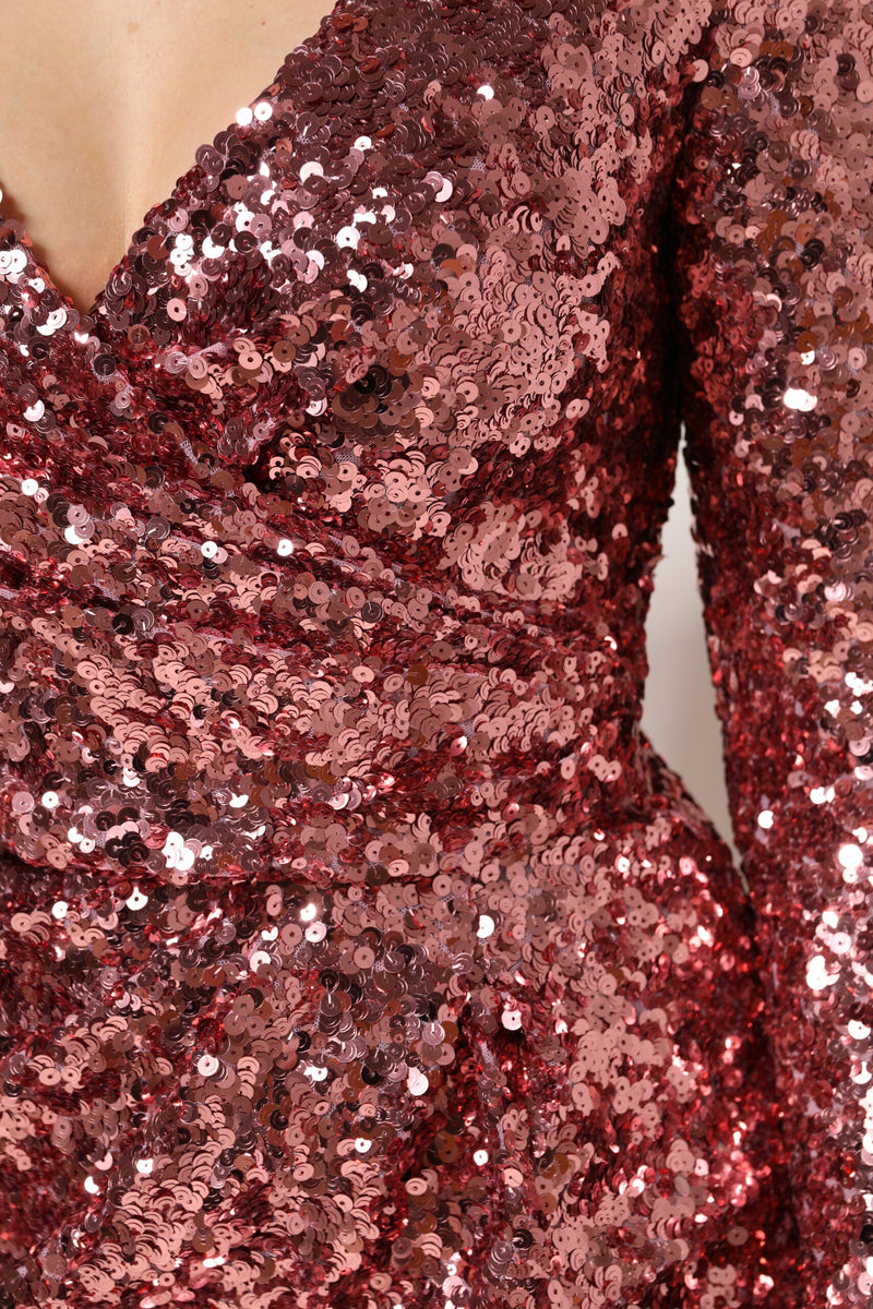 Pink Sequin Statement Nylon Midi V-Neck Dress Dolce & Gabbana