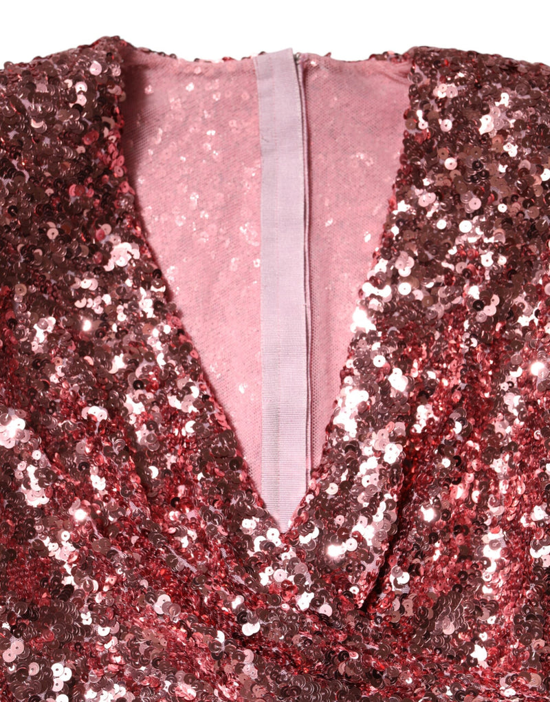 Pink Sequin Statement Nylon Midi V-Neck Dress Dolce & Gabbana