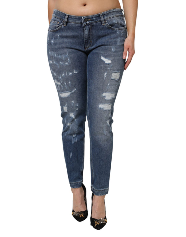 Blue Tattered Cotton Low Waist Denim Jeans Dolce & Gabbana
